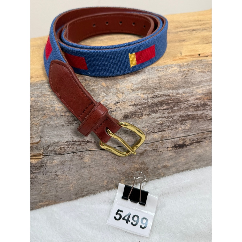 Asher Riley Mens Needlepoint Belt 40 Blue Leather Shotgun Shells Brass Buckle - Picture 7 of 7